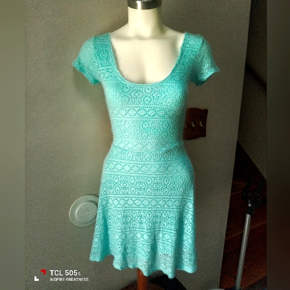 Elegant Lace Aqua Dress with Open Back